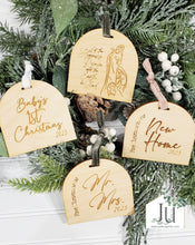 Load image into Gallery viewer, Wood Engraved Arch Christmas Ornaments - Nativity, New Baby, New Home, Mr. & Mrs.