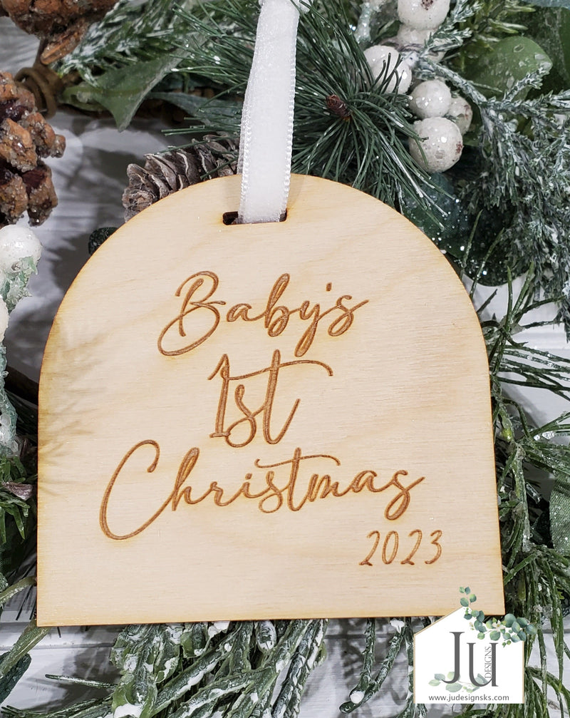 Wood Engraved Arch Christmas Ornaments - Nativity, New Baby, New Home, Mr. & Mrs.