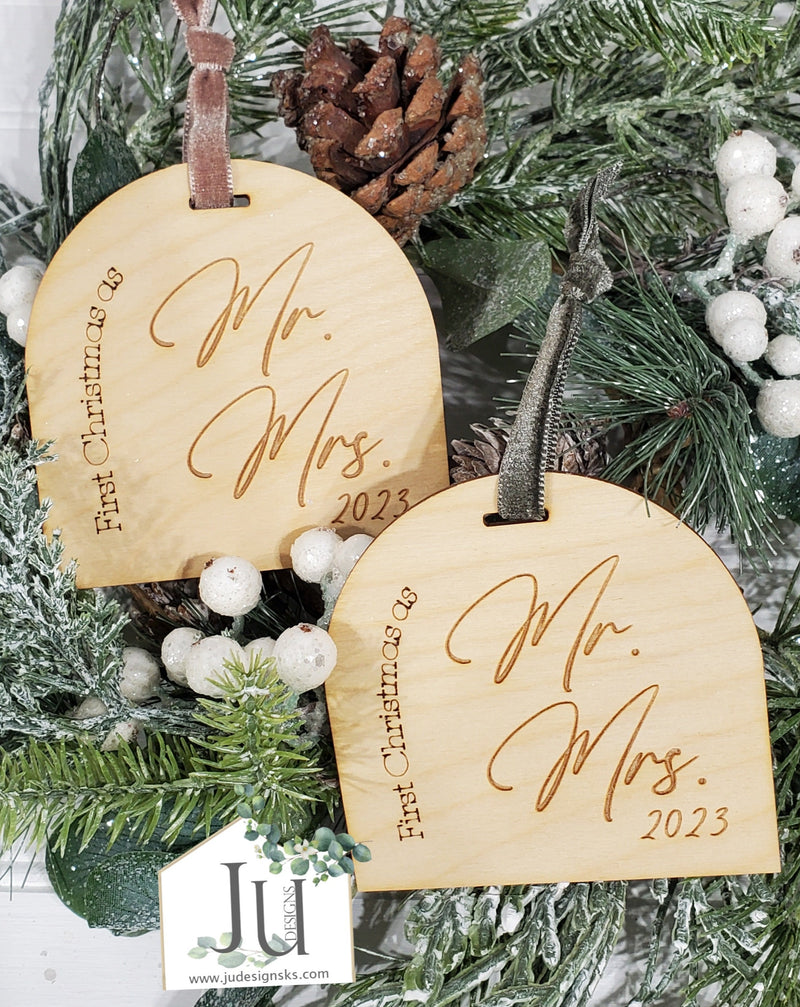 Wood Engraved Arch Christmas Ornaments - Nativity, New Baby, New Home, Mr. & Mrs.