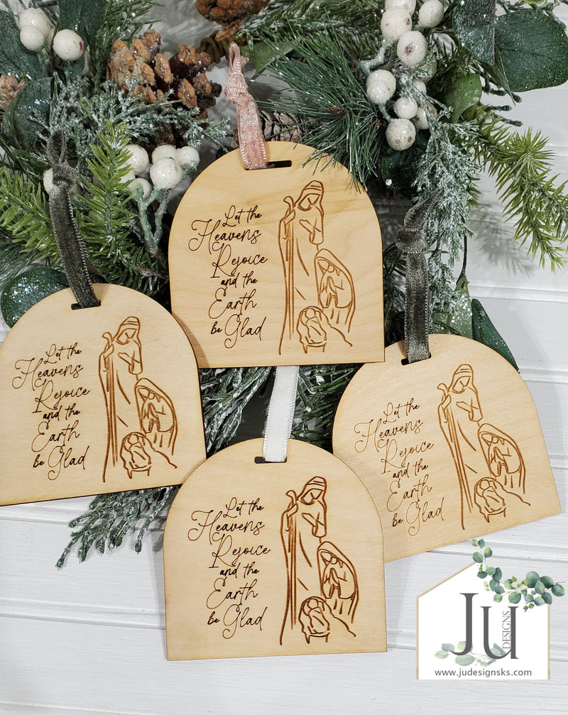 Wood Engraved Arch Christmas Ornaments - Nativity, New Baby, New Home, Mr. & Mrs.