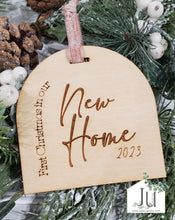 Load image into Gallery viewer, Wood Engraved Arch Christmas Ornaments - Nativity, New Baby, New Home, Mr. & Mrs.