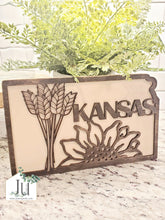 Load image into Gallery viewer, State of Kansas Wood Cutout with Wheat and Sunflower
