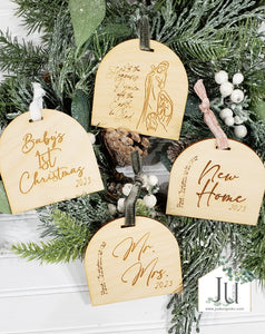Wood Engraved Arch Christmas Ornaments - Nativity, New Baby, New Home, Mr. & Mrs.