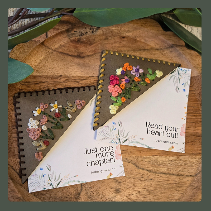 Embroidered Floral Leather Corner Bookmark