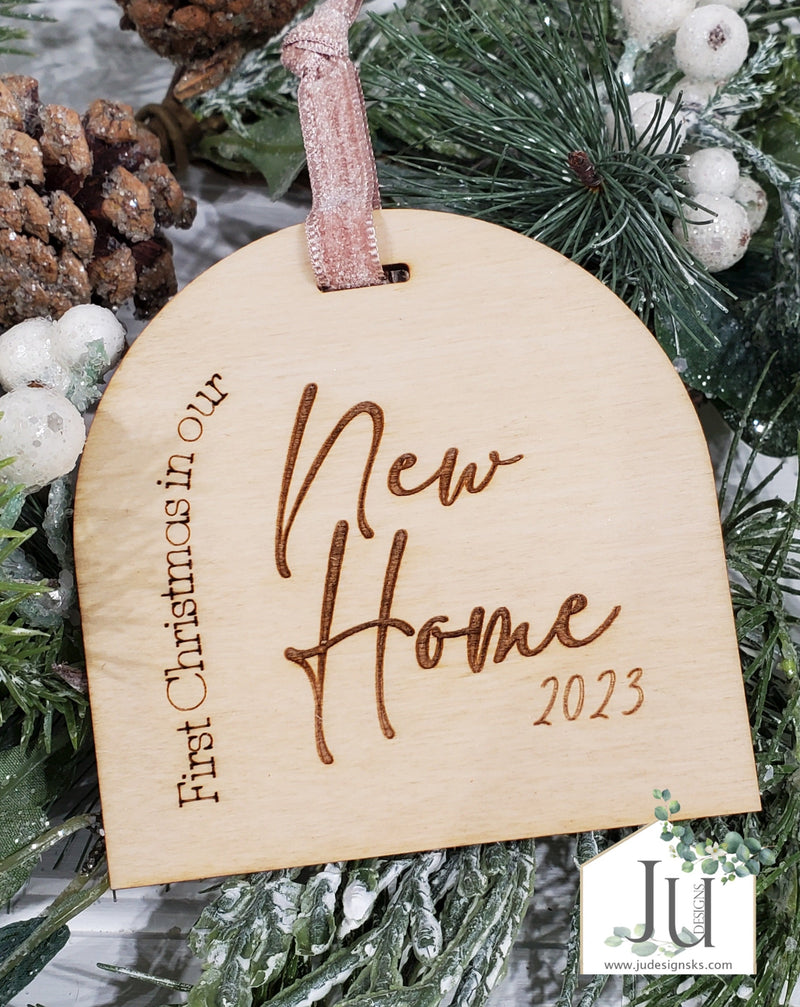 Wood Engraved Arch Christmas Ornaments - Nativity, New Baby, New Home, Mr. & Mrs.