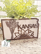 Load image into Gallery viewer, State of Kansas Wood Cutout with Wheat and Sunflower
