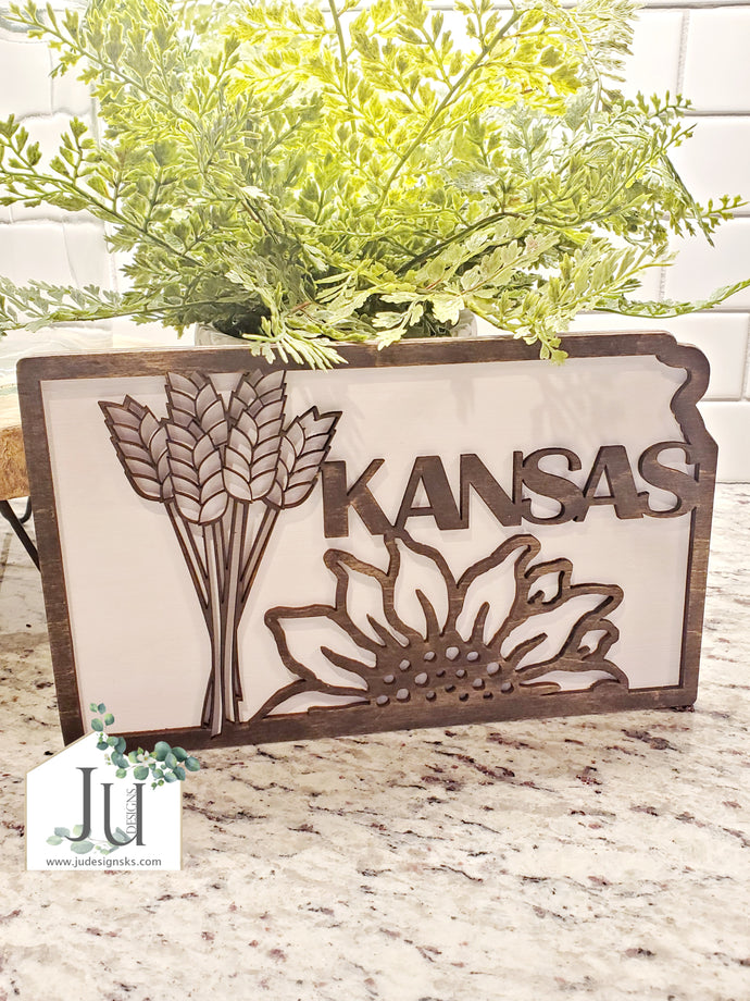 State of Kansas Wood Cutout with Wheat and Sunflower