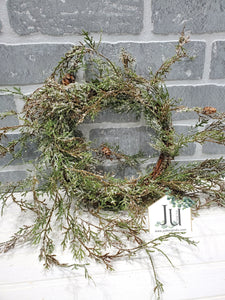 Snowy Weeping Cedar Candle Ring + Wreath